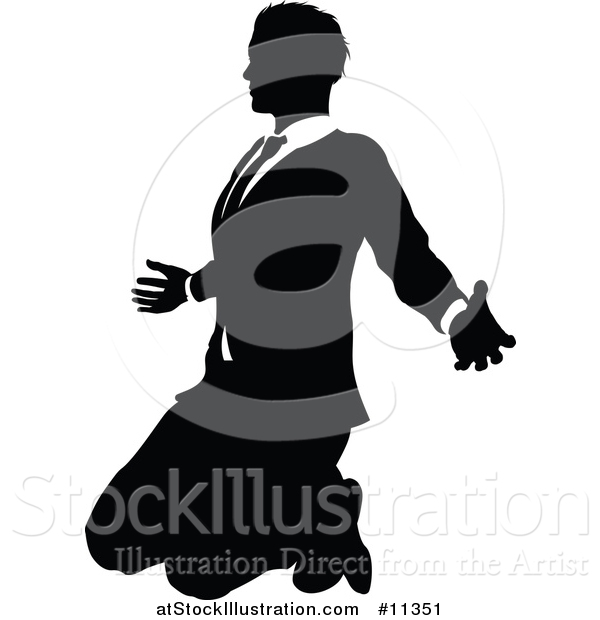 Vector Illustration of a Black and White Silhouetted Business Man Kneeling