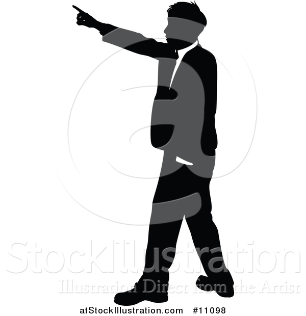 Vector Illustration of a Black and White Silhouetted Business Man Pointing