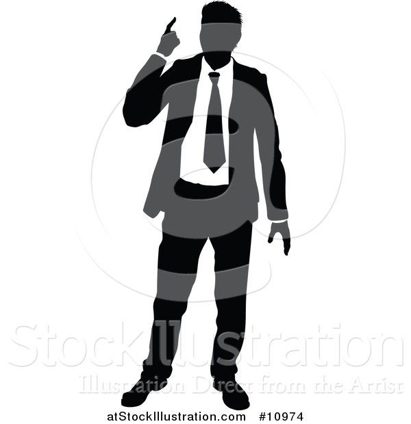 Vector Illustration of a Black and White Silhouetted Business Man Pointing Upwards