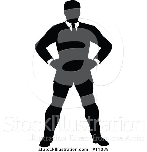 Vector Illustration of a Black and White Silhouetted Business Man Standing with Hands on His Hips