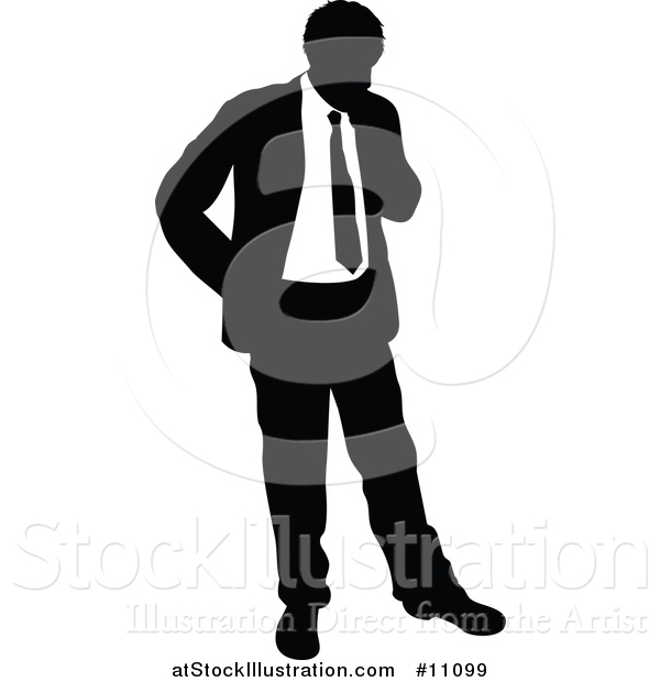 Vector Illustration of a Black and White Silhouetted Business Man Thinking