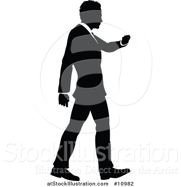 Vector Illustration of a Black and White Silhouetted Business Man Walking and Checking His Watch