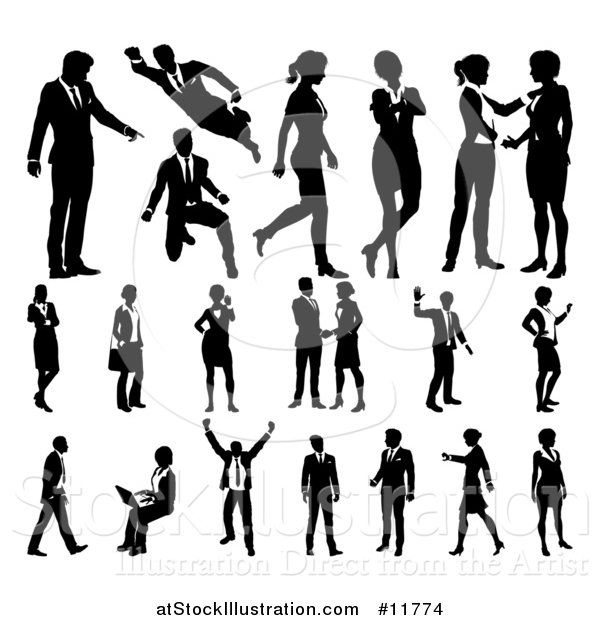 Vector Illustration of a Black and White Silhouetted Business Men and Women