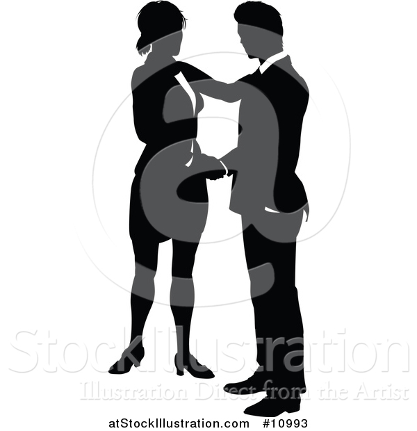 Vector Illustration of a Black and White Silhouetted Business Woman and Man Shaking Hands