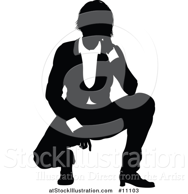 Vector Illustration of a Black and White Silhouetted Business Woman Crouching