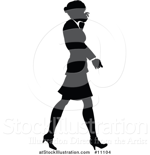 Vector Illustration of a Black and White Silhouetted Business Woman Walking