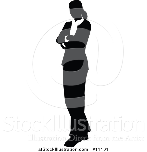 Vector Illustration of a Black and White Silhouetted Business Woman with Folded Arms