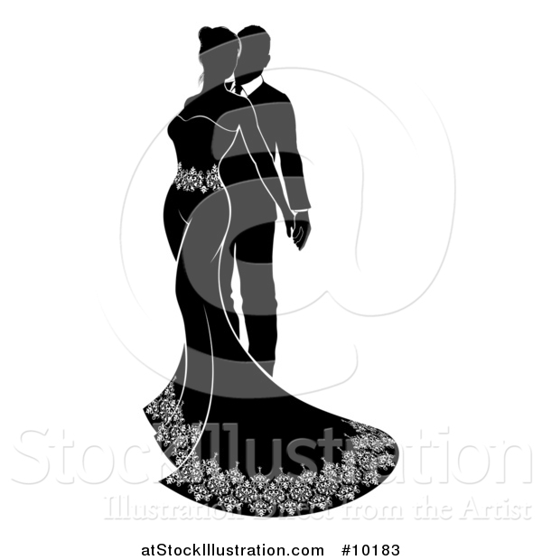 Vector Illustration of a Black and White Silhouetted Posing Bride and Groom