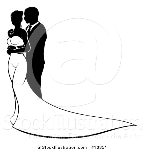 Vector Illustration of a Black and White Silhouetted Posing Bride and Groom