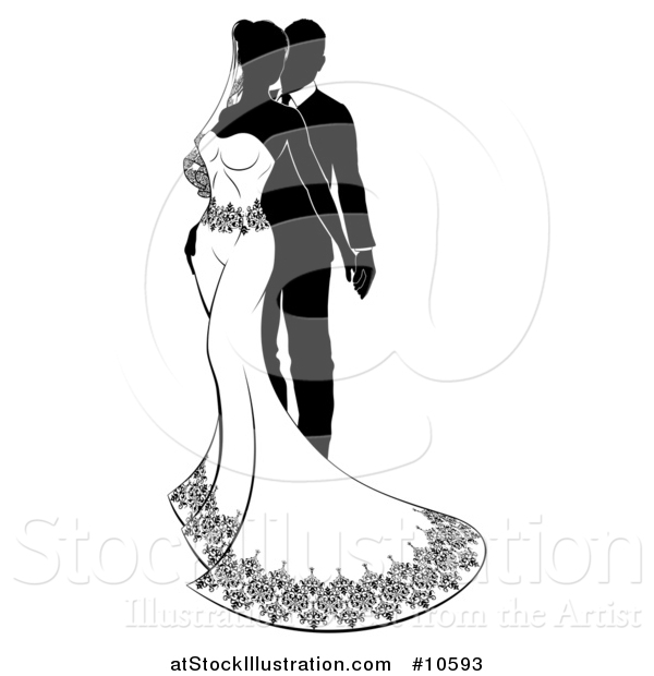 Vector Illustration of a Black and White Silhouetted Posing Bride and Groom