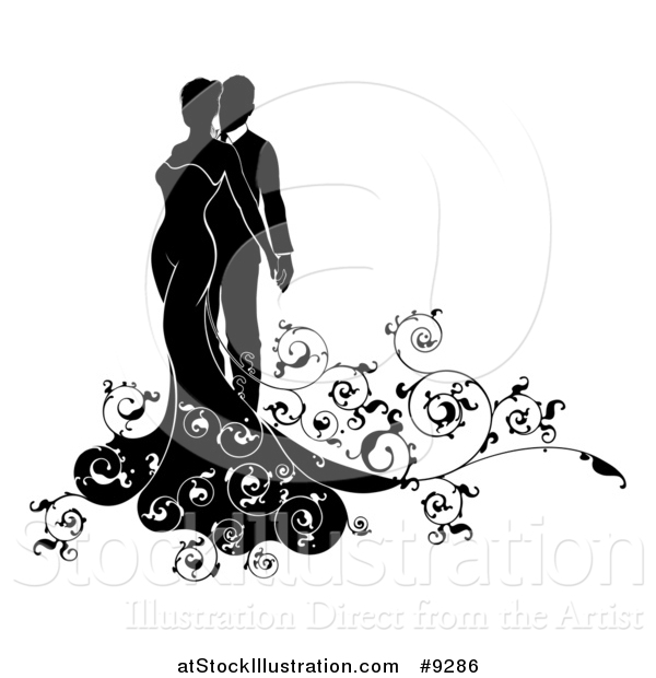 Vector Illustration of a Black and White Silhouetted Posing Bride and Groom with Swirls