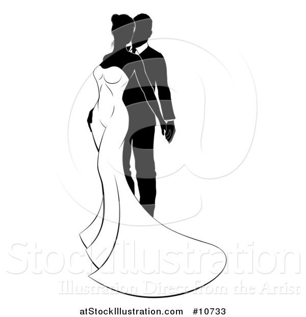 Vector Illustration of a Black and White Silhouetted Posing Wedding Bride and Groom