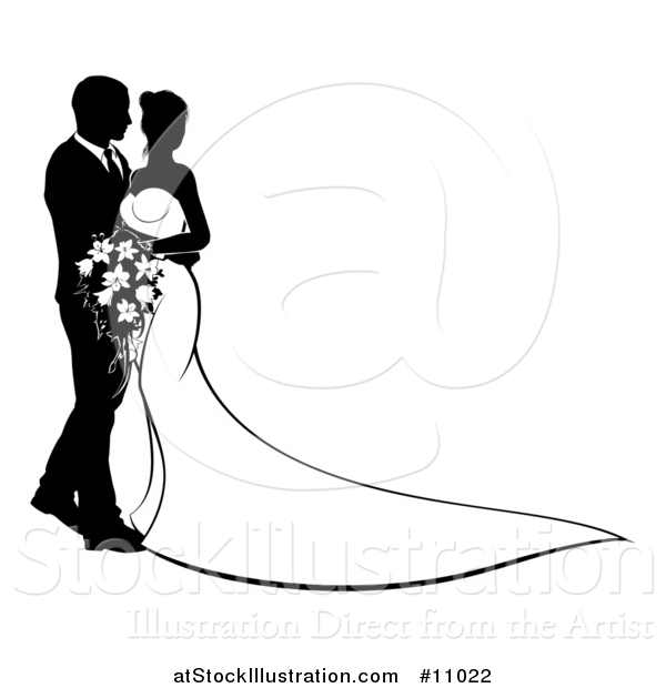 Vector Illustration of a Black and White Silhouetted Posing Wedding Bride and Groom