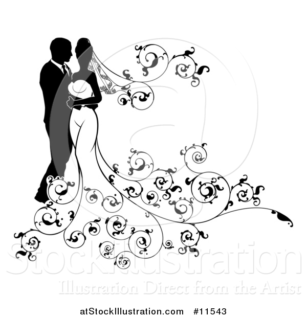 Vector Illustration of a Black and White Silhouetted Posing Wedding Bride and Groom