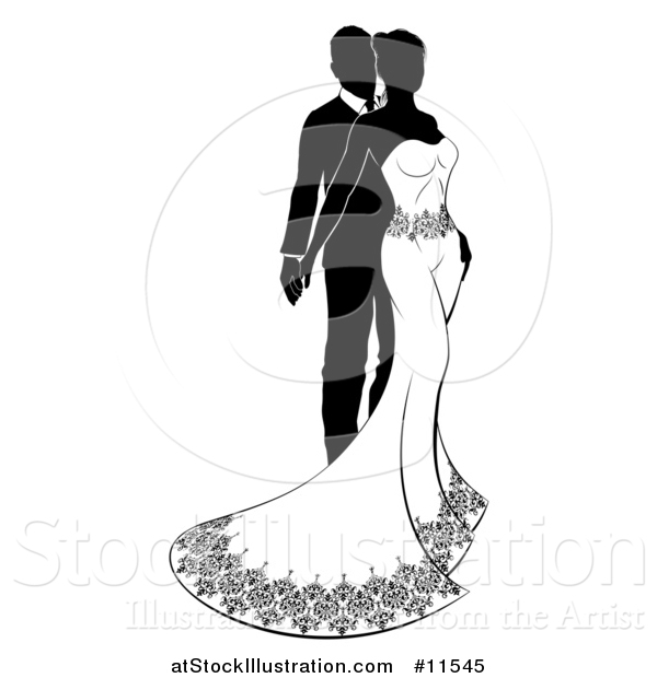 Vector Illustration of a Black and White Silhouetted Posing Wedding Bride and Groom