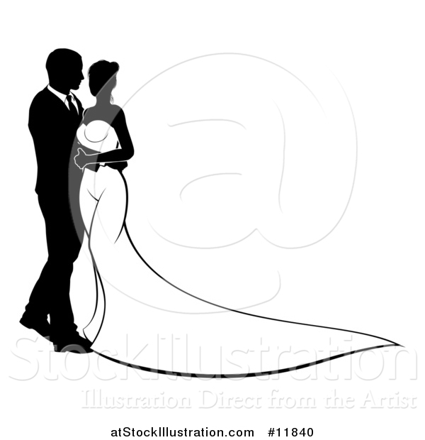 Vector Illustration of a Black and White Silhouetted Posing Wedding Bride and Groom