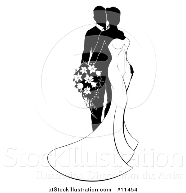 Vector Illustration of a Black and White Silhouetted Posing Wedding Bride and Groom with a Bouquet