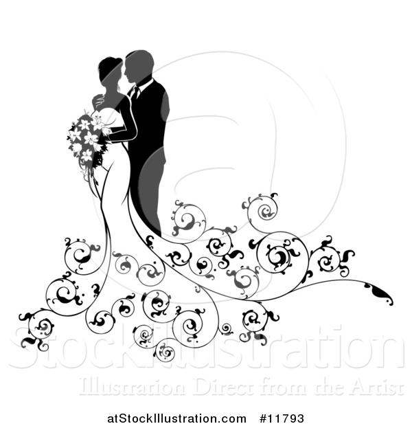 Vector Illustration of a Black and White Silhouetted Posing Wedding Bride and Groom with a Bouquet