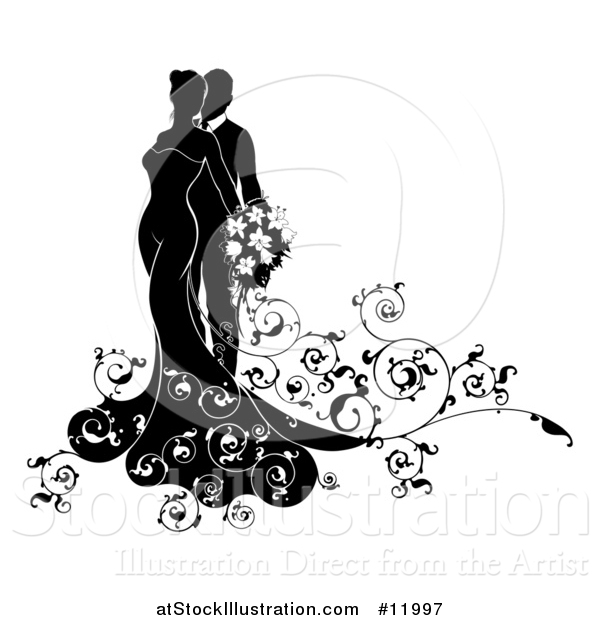 Vector Illustration of a Black and White Silhouetted Posing Wedding Bride and Groom with a Bouquet