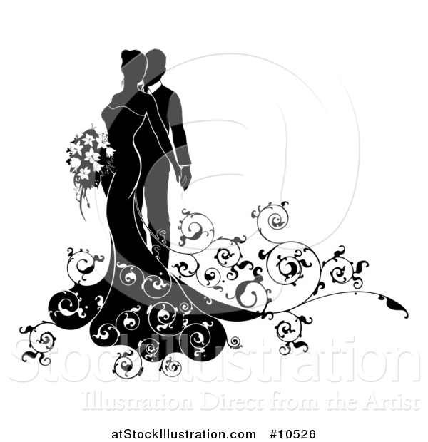 Vector Illustration of a Black and White Silhouetted Posing Wedding Couple with Swirls