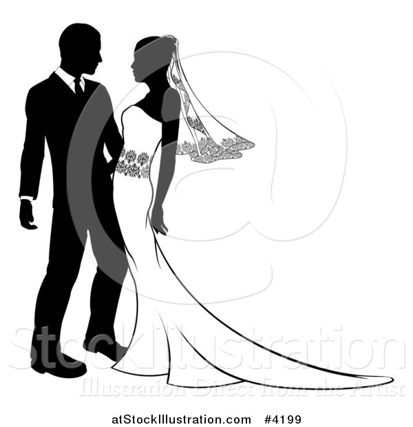 Vector Illustration of a Black and White Silhouetted Wedding Couple Embracing