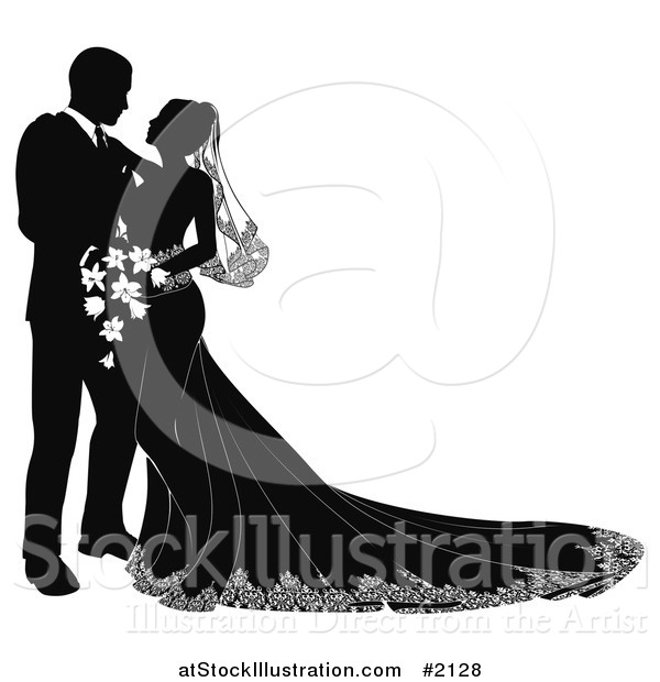 Vector Illustration of a Black and White Silhouetted Wedding Couple Gazing