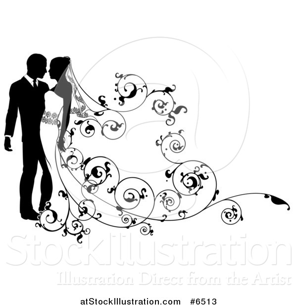 Vector Illustration of a Black and White Silhouetted Wedding Couple with a Swirl Floral Train 2