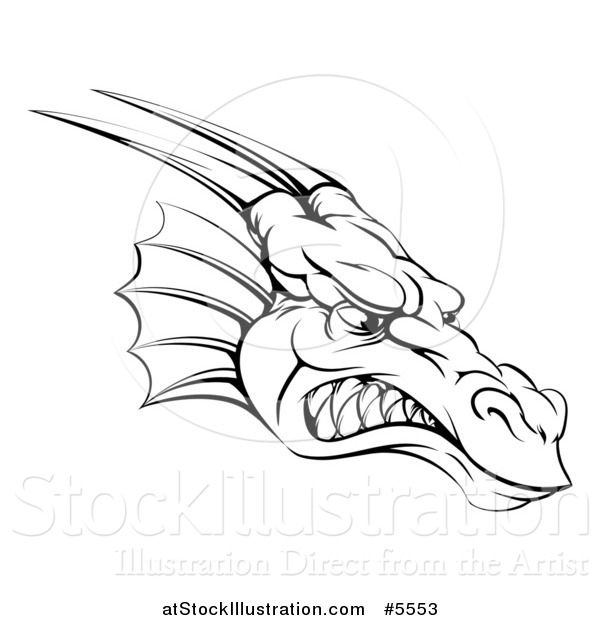Vector Illustration of a Black and White Snarling Fierce Dragon Mascot Head