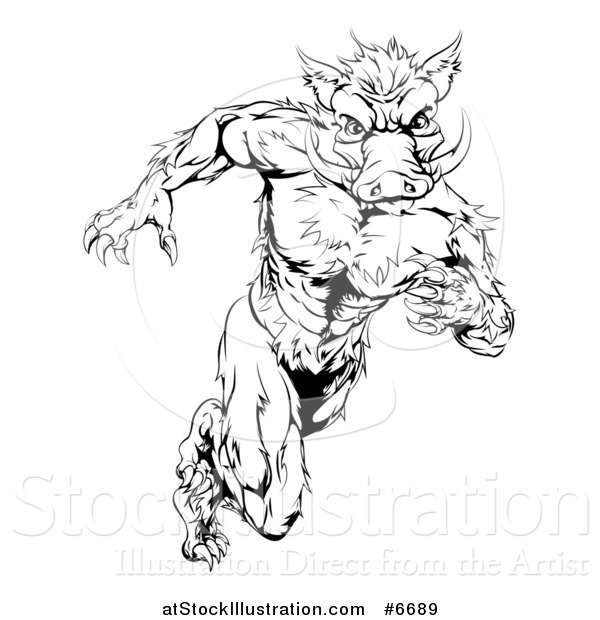 Vector Illustration of a Black and White Sprinting Muscular Boar Man