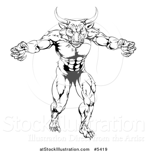 Vector Illustration of a Black and White Strong Minotaur Mascot
