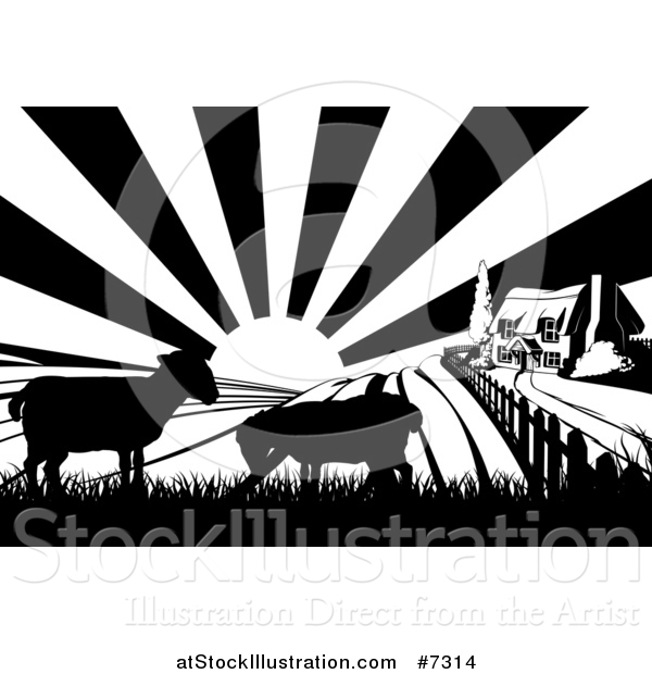 Vector Illustration of a Black and White Sunrise over a Cottage Farm House with Two Silhouetted Lambs and Fields