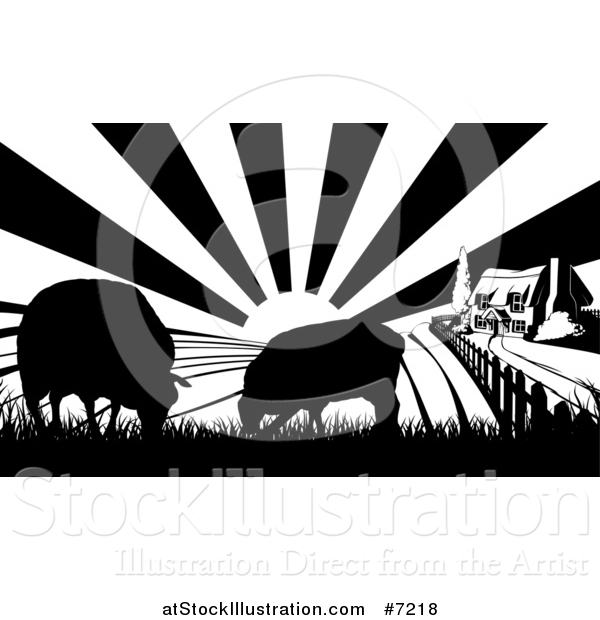 Vector Illustration of a Black and White Sunrise over a Cottage Farm House with Two Silhouetted Sheep and Fields