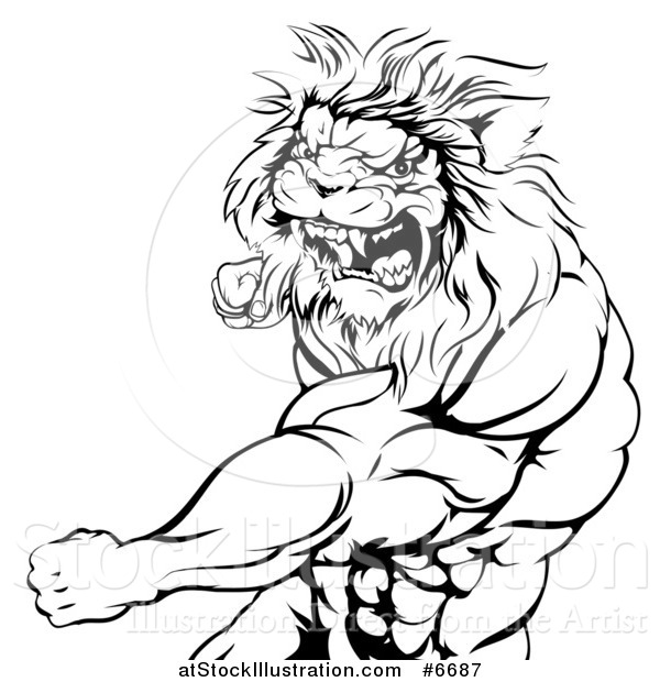 Vector Illustration of a Black and White Tough Angry Muscular Lion Man Punching and Roaring