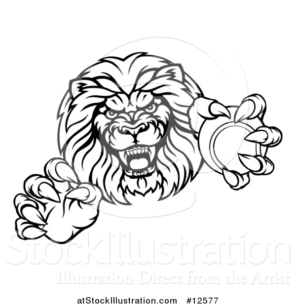 Vector Illustration of a Black and White Tough Clawed Male Lion Monster Mascot Holding a Tennis Ball