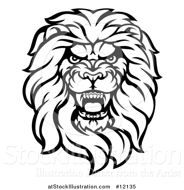 Vector Illustration of a Black and White Tough Male Lion Head Mascot