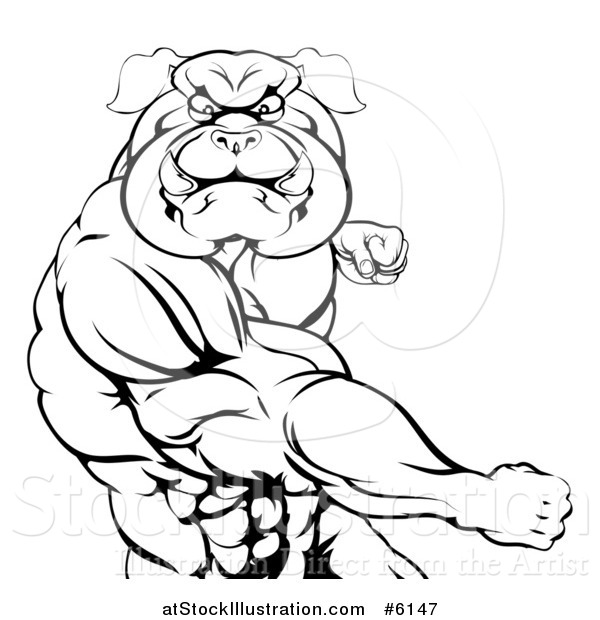 Vector Illustration of a Black and White Tough Muscular Bulldog Man Punching