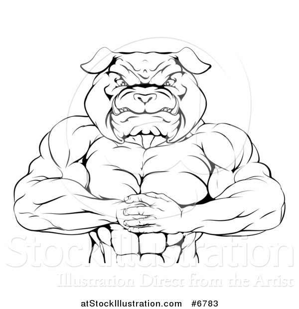 Vector Illustration of a Black and White Tough Muscular Bulldog Man Punching One Fist into a Palm