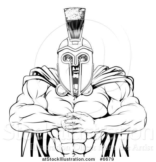 Vector Illustration of a Black and White Tough Muscular Spartan Warrior Man Gesturing Bring It with His Fists