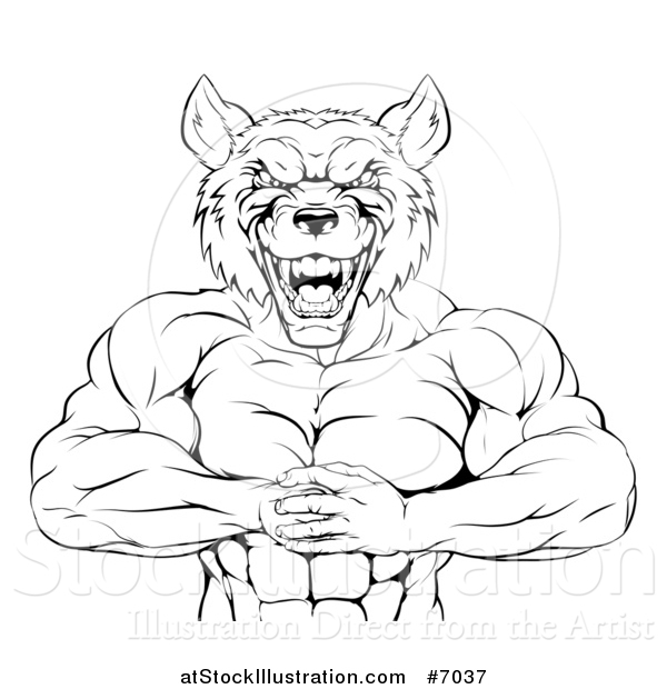 Vector Illustration of a Black and White Tough Vicious Muscular Wolf Man Punching His Fist into Palm