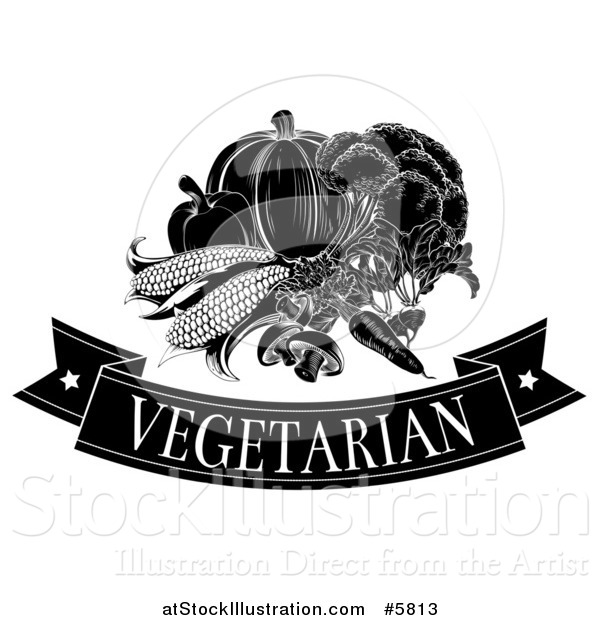 Vector Illustration of a Black and White Vegetarian Banner and Produce