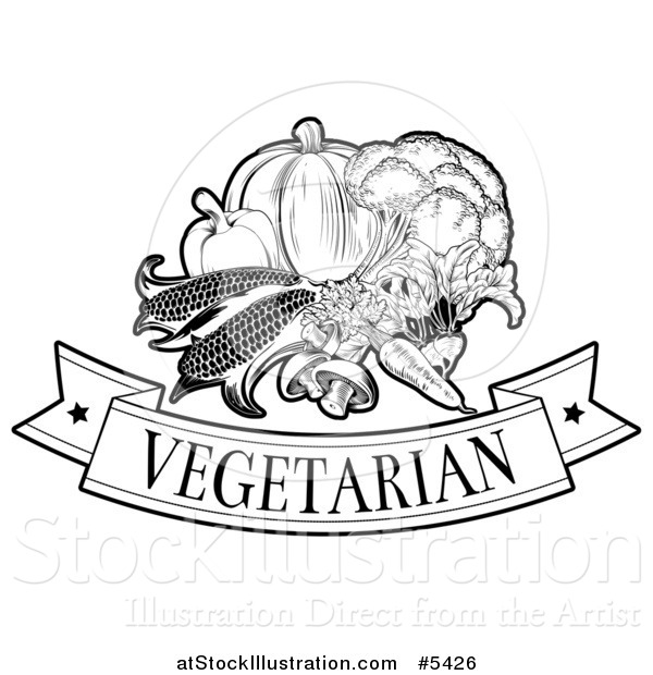 Vector Illustration of a Black and White Vegetarian Food Banner and Veggies