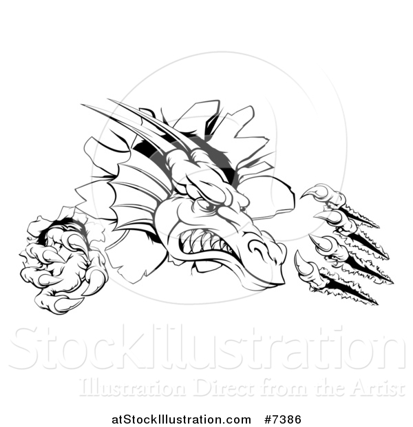 Vector Illustration of a Black and White Vicious Dragon Mascot Head Shredding Through a Wall 2