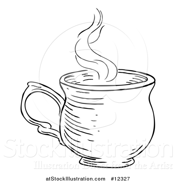 Vector Illustration of a Black and White Vintage Engraved Cup of Hot Tea or Coffee