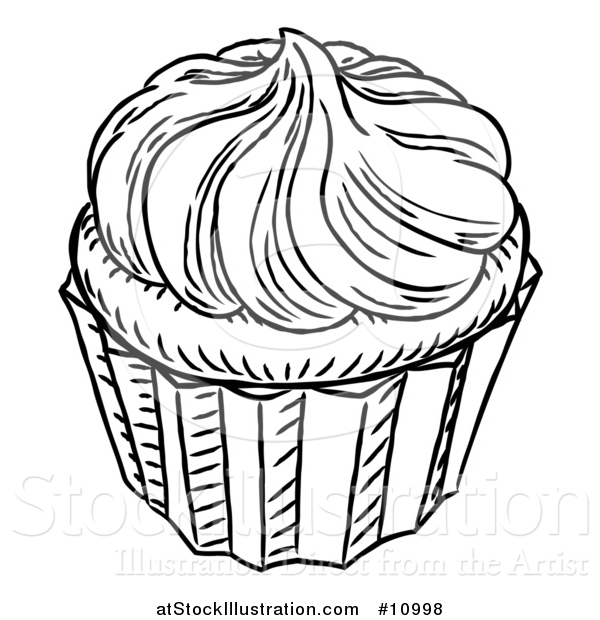 Vector Illustration of a Black and White Vintage Engraved Cupcake