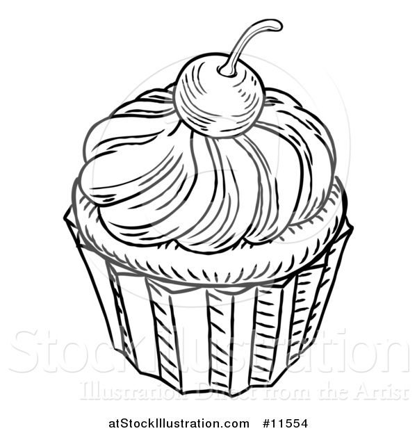Vector Illustration of a Black and White Vintage Engraved Cupcake
