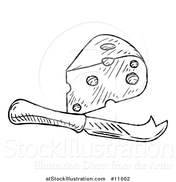 Vector Illustration of a Black and White Vintage Engraved Knife and Cheese Wedge