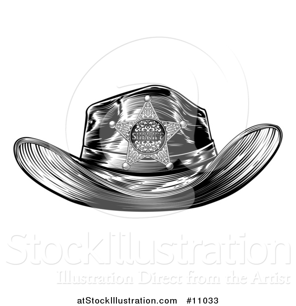 Vector Illustration of a Black and White Vintage Engraved Sheriff Hat