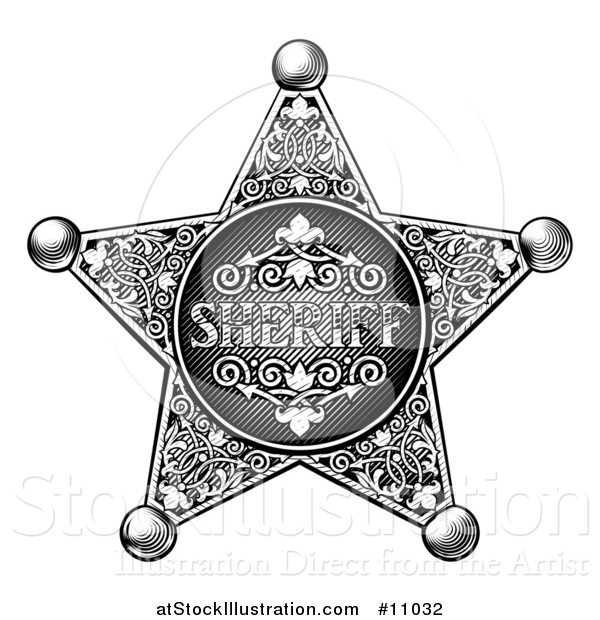 Vector Illustration of a Black and White Vintage Etched Engraved Sheriff Star Badge