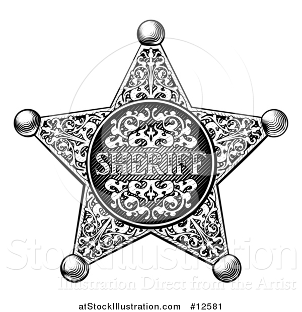 Vector Illustration of a Black and White Vintage Etched Engraved Sheriff Star Badge