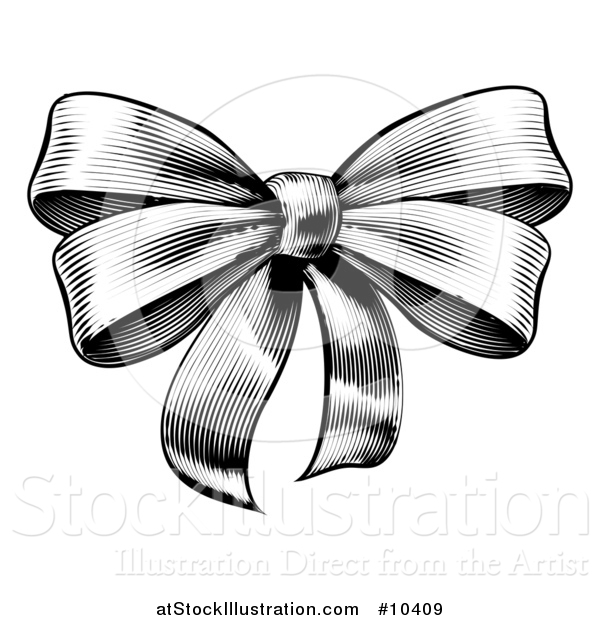 Vector Illustration of a Black and White Vintage Woodcut or Etched Gift Bow